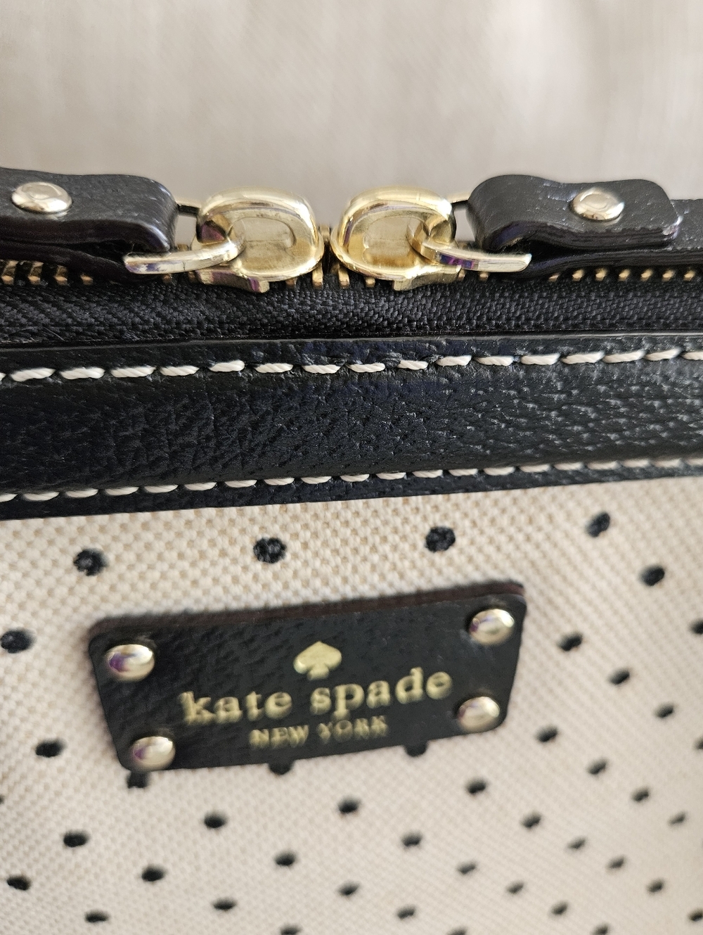 Kate Spade NY Black & White Polka Dot Canvas Satchel | Top Handle Bag-Large - Picture 5 of 17